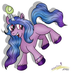 Size: 1216x1238 | Tagged: safe, artist:whirlwindflux, character:izzy moonbow, species:pony, species:unicorn, g5, bracelet, childproof horn, gradient hair, solo, tennis ball, unshorn fetlocks