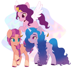 Size: 1280x1201 | Tagged: safe, artist:delzol, character:izzy moonbow, character:pipp petals, character:sunny starscout, species:earth pony, species:pegasus, species:pony, species:unicorn, g5, blank flank, braid, circlet, coat markings, gradient hair, pipp wings, simple background, socks (coat marking), transparent background, unshorn fetlocks