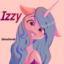 Size: 2048x2048 | Tagged: safe, artist:hannagm15byhan1, character:izzy moonbow, species:pony, species:unicorn, g5, bust, gradient hair, head tilt, smiling, solo, text