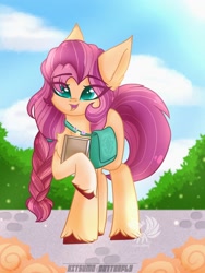 Size: 1500x2000 | Tagged: safe, artist:kitsumebutterfy, character:sunny starscout, species:earth pony, species:pony, g5, bag, book, braid, hoof hold, solo, unshorn fetlocks