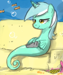 Size: 387x462 | Tagged: safe, artist:johnjoseco, edit, character:lyra heartstrings, species:pony, species:sea pony, species:unicorn, g4, bedroom eyes, couch, cropped, fish, meanwhile, meme, ocean, radio, seaponified, seapony lyra, sitting, sitting lyra, smiling, species swap, underwater