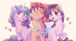 Size: 1280x706 | Tagged: safe, artist:twinkesus, character:izzy moonbow, character:pipp petals, character:sunny starscout, species:earth pony, species:pegasus, species:pony, species:unicorn, g5, adorapipp, bag, blep, braid, bust, chest fluff, circlet, cute, gradient hair, heart, izzybetes, mouth hold, pipp wings, sunnybetes, tongue out