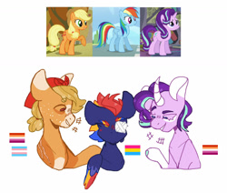 Size: 1280x1086 | Tagged: safe, artist:just-evs, character:applejack, character:rainbow dash, character:starlight glimmer, species:earth pony, species:pegasus, species:pony, species:unicorn, next gen:reverse, ship:appledash, ship:glimmerdash, g4, female, gender headcanon, glimmerappledash, glimmerjack, lesbian, lesbian pride flag, lgbt headcanon, pansexual, pansexual pride flag, polyamory, pride flag, redesign, sexuality headcanon, shipping, trans female, transgender, transgender pride flag