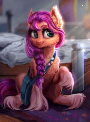 Size: 1494x2020 | Tagged: safe, artist:bananitryi, character:sunny starscout, species:earth pony, species:pony, g5, bag, bed, bedroom, braid, fluffy pony, sitting, solo, unshorn fetlocks