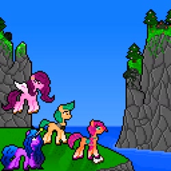 Size: 1408x1408 | Tagged: safe, artist:mariothepixelarter, character:hitch trailblazer, character:izzy moonbow, character:pipp petals, character:sunny starscout, species:earth pony, species:pegasus, species:pony, species:unicorn, g5, bandolier, blaze (coat marking), braid, childproof horn, coat markings, gradient hair, pipp wings, pixel art, socks (coat marking), tennis ball, unshorn fetlocks