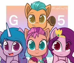 Size: 1280x1091 | Tagged: safe, artist:laylaelvy278, character:hitch trailblazer, character:izzy moonbow, character:pipp petals, character:sunny starscout, species:earth pony, species:pegasus, species:pony, species:unicorn, g5, blaze (coat marking), braid, bust, circlet, gradient hair, izzybetes, pipp wings, sunnybetes, unshorn fetlocks