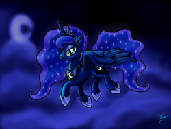 Size: 4000x3000 | Tagged: safe, artist:dandy, character:princess luna, species:alicorn, species:pony, g4, cloud, female, flying, galaxy mane, lidded eyes, mare, moon, night, sky, smiling, solo, wings