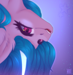 Size: 2108x2160 | Tagged: safe, artist:elektra-gertly, character:izzy moonbow, species:pony, species:unicorn, g5, bust, ear fluff, female, glowing horn, gradient hair, horn, magic, mare, open mouth, simple background, solo, upside down