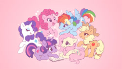 Size: 1200x675 | Tagged: safe, artist:celesse, character:applejack, character:fluttershy, character:pinkie pie, character:rainbow dash, character:rarity, character:twilight sparkle, character:twilight sparkle (unicorn), species:earth pony, species:pegasus, species:pony, species:unicorn, g4, chibi, cute, mane six