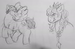 Size: 2048x1340 | Tagged: safe, artist:abby_salamander, species:earth pony, species:pegasus, species:pony, g4, braid, crossover, crown, dream smp, duo, fangs, male, mcyt, minecraft, monochrome, ponified, quackity, quackity (dream smp), technoblade, technoblade (dream smp), traditional art, youtube