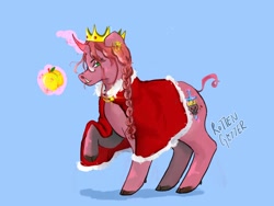 Size: 1600x1200 | Tagged: safe, artist:rotten_glitter, species:pony, species:unicorn, g4, apple, blue background, braid, cape, clothing, crossover, crown, dream smp, earring, food, glasses, golden apple, magic, male, mcyt, minecraft, ponified, stallion, technoblade, technoblade (dream smp), tusks, youtube