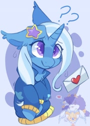 Size: 865x1200 | Tagged: safe, artist:draw_the_stars, character:trixie, species:pony, species:unicorn, g4, bust, clothing, cute, ear fluff, hair pin, hoodie, letter, solo
