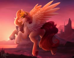 Size: 1020x800 | Tagged: safe, artist:angels_arcana, character:pipp petals, species:pegasus, species:pony, g5, beautiful, circlet, complex background, lighting, looking back, pipp wings, solo, spread wings, unshorn fetlocks, wings