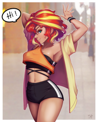 Size: 803x1000 | Tagged: safe, artist:the-park, character:sunset shimmer, species:human, g4, my little pony:equestria girls, dialogue, female, human coloration, looking at you, profile, short hair, signature, solo, speech bubble, text