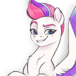 Size: 1200x1200 | Tagged: safe, artist:beatlinked, character:zipp storm, species:pegasus, species:pony, g4, g5, bust, chest fluff, colored, colored eyebrows, colored sketch, colored wings, eyebrows, multicolored wings, raised eyebrow, simple background, sketch, smug, solo, spread wings, three quarter view, white background, wings