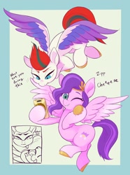 Size: 892x1200 | Tagged: safe, artist:noupu, character:pipp petals, character:zipp storm, species:pegasus, species:pony, g5, adorapipp, cellphone, circlet, coat markings, colored wingtips, cute, flying, multicolored wings, phone, selfie, smartphone, socks (coat marking), text, unshorn fetlocks, wings