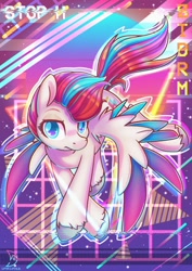 Size: 848x1200 | Tagged: safe, artist:wavecipher, character:zipp storm, species:pegasus, species:pony, g5, colored wingtips, multicolored wings, solo, unshorn fetlocks, vaporwave, wings