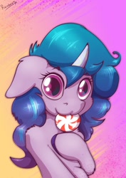 Size: 848x1200 | Tagged: safe, artist:rainihorns, character:izzy moonbow, species:pony, species:unicorn, g5, bust, candy, cute, eating, food, izzybetes, lollipop, nom, solo