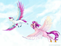 Size: 1600x1221 | Tagged: safe, artist:gaelledragons, character:pipp petals, character:zipp storm, species:pegasus, species:pony, g5, blank flank, circlet, coat markings, colored wingtips, duo, duo female, female, females only, flying, mare, multicolored wings, siblings, sisters, socks (coat marking), unshorn fetlocks, wings