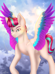 Size: 768x1024 | Tagged: safe, artist:delfinaluther, character:zipp storm, species:pegasus, species:pony, g5, blank flank, cloud, colored eyebrows, colored wings, colored wingtips, day, eyebrows, female, looking at you, mare, multicolored wings, signature, sky, solo, spread wings, wings