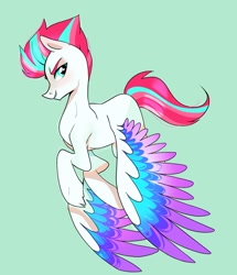 Size: 1033x1200 | Tagged: safe, artist:aztrial_online, character:zipp storm, species:pegasus, species:pony, g5, blank flank, colored wingtips, flying, multicolored wings, smug, solo, wings