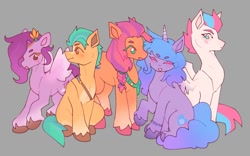 Size: 1200x750 | Tagged: safe, artist:nakkipng, character:hitch trailblazer, character:izzy moonbow, character:pipp petals, character:sunny starscout, character:zipp storm, species:earth pony, species:pegasus, species:pony, species:unicorn, g5, adorapipp, adorazipp, anime style, bag, bandolier, bracelet, braid, circlet, coat markings, cute, cutie mark, izzybetes, jewelry, mane g5, socks (coat marking), sunnybetes, trailabetes, unshorn fetlocks