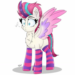 Size: 1280x1280 | Tagged: safe, artist:splashofsweet, character:zipp storm, species:pegasus, species:pony, g5, chest fluff, clothing, colored wings, confused, cute, ear fluff, socks, solo, wings