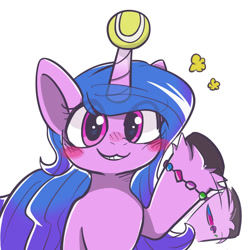 Size: 1500x1500 | Tagged: safe, character:izzy moonbow, species:pony, species:unicorn, g5, blushing, bracelet, bust, childproof horn, cute, happy, horn, izzybetes, jewelry, solo, tennis ball, waving