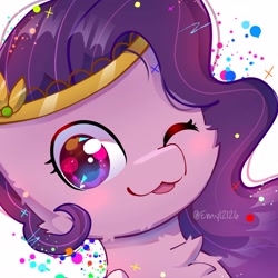 Size: 3000x3000 | Tagged: safe, artist:emy12126, character:pipp petals, species:pegasus, species:pony, g5, adorapipp, blep, bust, chest fluff, circlet, cute, one eye closed, solo, tongue out, wink
