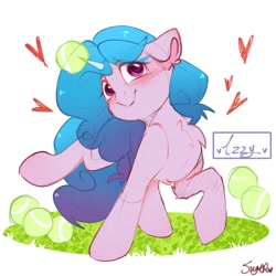 Size: 1080x1080 | Tagged: safe, artist:pkt3stptzliprff, character:izzy moonbow, species:pony, species:unicorn, g5, blushing, chest fluff, childproof horn, cute, ear fluff, horn, izzy's tennis ball, izzybetes, solo, tennis ball, that pony sure does love tennis balls