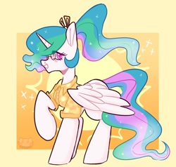Size: 1200x1141 | Tagged: safe, artist:nullkunst, character:princess celestia, species:alicorn, species:pony, g4, abstract background, clothing, colored pupils, cute, cutelestia, cutie mark, cutie mark on clothes, female, hawaiian shirt, looking at you, mare, ponytail, profile, shirt, smiling, solo, sun