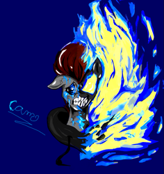Size: 725x767 | Tagged: safe, artist:@cameron, derpibooru original, oc, oc:blue flare, species:earth pony, species:pony, g4, blue background, blue eyes, bright, clothing, cracking skin, crying, earth pony oc, evil grin, fiery eyes, fiery mane, grin, gritted teeth, head, hoodie, looking at you, male, ooze, shine, simple background, smiling, solo