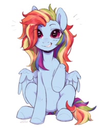 Size: 936x1200 | Tagged: safe, artist:kotya, character:rainbow dash, species:pegasus, species:pony, g4, alternate hairstyle, cute, dashabetes, eye clipping through hair, eyebrows, eyebrows visible through hair, female, front view, full face view, mare, raised hoof, signature, simple background, sitting, solo, white background