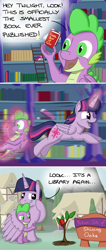 Size: 1080x2540 | Tagged: safe, artist:hoofclid, character:spike, character:twilight sparkle, character:twilight sparkle (alicorn), species:alicorn, species:dragon, species:pony, g4, book, comic, crying, golden oaks library, heartwarming, hug, sapling, tree, twilight's castle, winged spike, winghug, wings