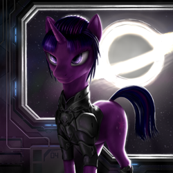 Size: 4000x4000 | Tagged: safe, artist:ampgamer, character:twilight sparkle, character:twilight sparkle (unicorn), species:pony, species:unicorn, g4, accretion disk, alternate hairstyle, alternate universe, black hole, clothing, digital art, female, gargantua, interstellar, looking at you, mare, paint tool sai, ponies in space, smiling, solo, space, spaceship, stars, uniform