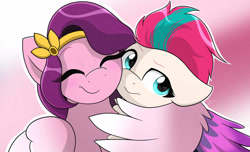 Size: 1280x779 | Tagged: safe, artist:envygirl95, character:pipp petals, character:zipp storm, species:pegasus, species:pony, g5, bust, circlet, colored wingtips, cute, hug, multicolored wings, winghug, wings
