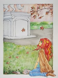 Size: 1500x2000 | Tagged: safe, artist:bethany, manebooru original, character:sunset shimmer, species:eqg human, fanfic:looking glass, series:who we become, g4, my little pony:equestria girls, autumn, commission, crying, falling leaves, female, grass, kneeling, solo, solo female, statue