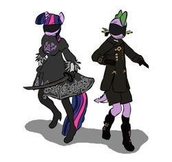 Size: 975x922 | Tagged: safe, anonymous artist, derpibooru original, character:spike, character:twilight sparkle, species:anthro, species:dragon, species:plantigrade anthro, species:pony, ship:twispike, g4, 2b, 9s, blindfold, cosplay, costume, crossover, katana, nier: automata, sword, weapon