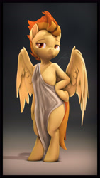 Size: 3600x6400 | Tagged: safe, artist:imafutureguitarhero, character:spitfire, species:pegasus, species:pony, g4, 3d, bipedal, explicit source, female, frown, hooves, looking at you, mare, solo, source filmmaker, spread wings, tail, toga, wings