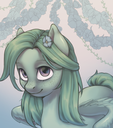 Size: 1154x1300 | Tagged: safe, artist:gabrilis, oc, oc only, species:pegasus, species:pony, g4, female, flower, flower in hair, looking at you, mare, original species, solo, tail, wings