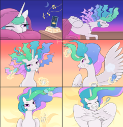 Size: 2000x2063 | Tagged: safe, artist:arareroll, character:princess celestia, species:alicorn, species:pony, g4, alarm clock, bed, bed mane, brush, cellphone, comic, cute, cutelestia, ethereal mane, female, hairbrush, horn, magic, majestic as fuck, mare, morning ponies, phone, pillow, sillestia, smartphone, solo, sun, sunrise, wings