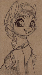Size: 1280x2259 | Tagged: safe, artist:faline-art, character:sunny starscout, species:earth pony, species:pony, g5, bag, braid, bust, happy, monochrome, sketch, solo, traditional art