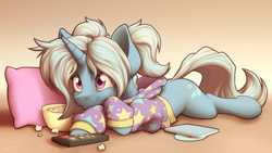 Size: 2880x1620 | Tagged: safe, artist:ohemo, character:trixie, species:pony, species:unicorn, g4, alternate hairstyle, babysitter trixie, chill, clothing, cute, diatrixes, food, hoodie, pillow, popcorn, remote