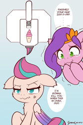 Size: 4000x6000 | Tagged: safe, artist:symbianl, character:pipp petals, character:zipp storm, species:pegasus, species:pony, g5, circlet, colored wings, dialogue, food, funny, ice cream, soft serve, speech bubble, text, visual gag, wings