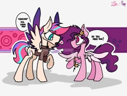 Size: 680x510 | Tagged: safe, artist:twilifnx, character:pipp petals, character:zipp storm, species:pegasus, species:pony, g5, circlet, clothing, colored wings, dialogue, shirt, speech bubble, text, wings