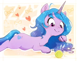 Size: 680x541 | Tagged: safe, artist:nendo, character:izzy moonbow, species:pony, species:unicorn, g5, bracelet, cute, cutie mark, izzy's tennis ball, izzybetes, jewelry, lying down, solo, tennis ball, that pony sure does love tennis balls, unshorn fetlocks