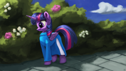 Size: 4000x2250 | Tagged: safe, artist:flusanix, character:twilight sparkle, character:twilight sparkle (alicorn), species:alicorn, species:pony, g4, bush, clothing, cloud, digital painting, dress, female, flower, mare, profile, solo