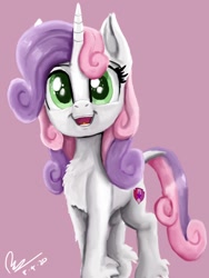 Size: 768x1024 | Tagged: safe, artist:raphaeldavid, character:sweetie belle, species:pony, species:unicorn, g4, chest fluff, cute, cutie mark, diasweetes, female, mare, open mouth, pink background, signature, simple background, smiling, solo, the cmc's cutie marks, unshorn fetlocks