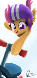 Size: 1080x2250 | Tagged: safe, artist:raphaeldavid, character:scootaloo, species:pegasus, species:pony, g4, female, filly, helmet, mid-air, scooter, scooting, signature, solo, three quarter view, young