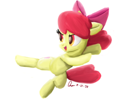 Size: 1280x1024 | Tagged: safe, artist:raphaeldavid, character:apple bloom, species:earth pony, species:pony, g4, apple family member, bow, hair bow, jump kick, kick, open mouth, signature, simple background, smiling, solo, three quarter view, white background